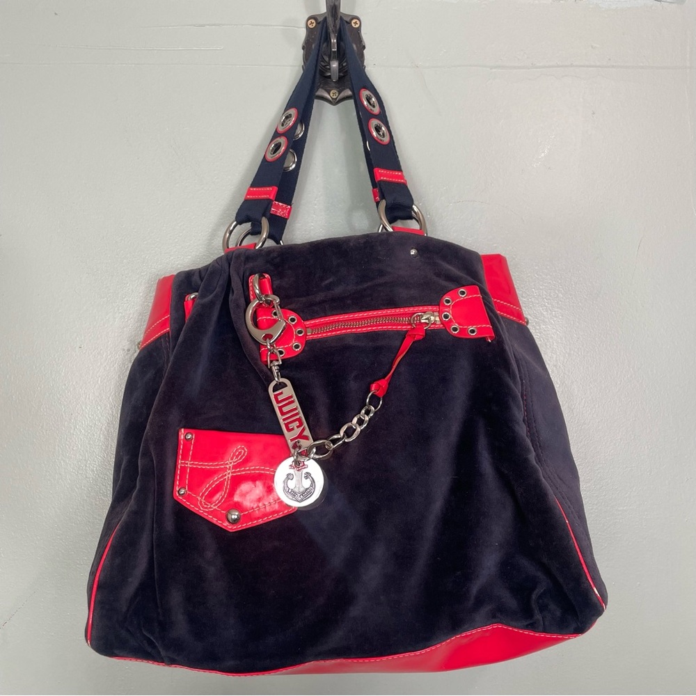 Vintage Juicy Couture Purse Tote‎ Shoulder Bag Velvet Navy Red Y2K